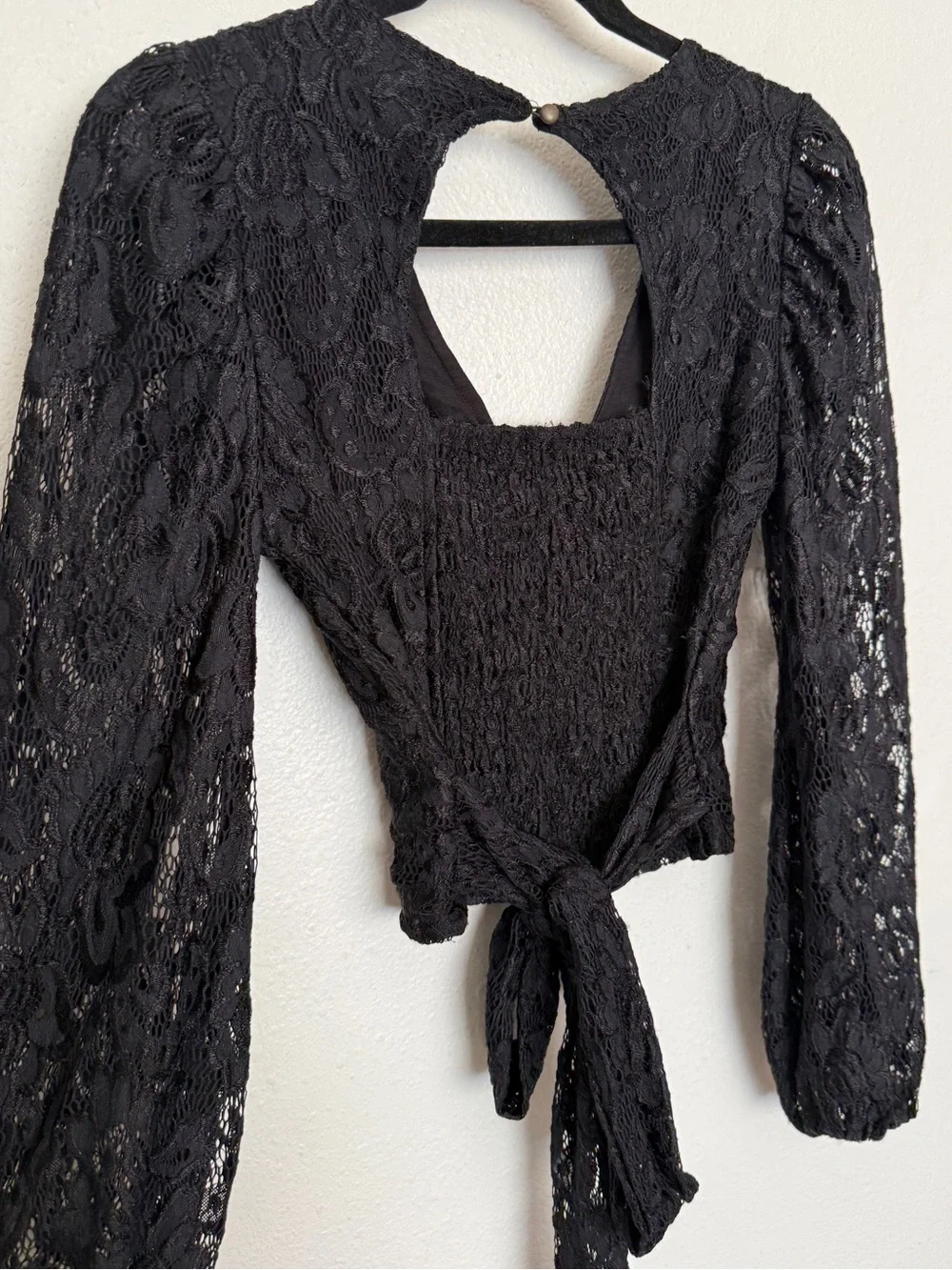 By Anthropologie Balloon-Sleeve Black Lace Tie Waist Blouse Size XS